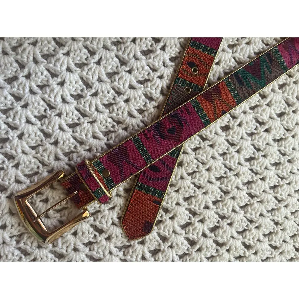 Vintage 90s Woven and Leather Belt Gold Buckle Southwest Aztec Size Large